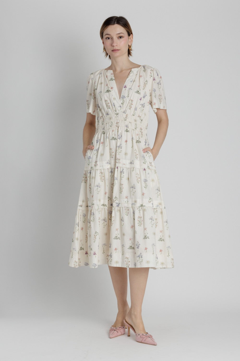 FLORAL PINTUCK MIDI DRESS