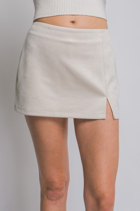 Ivory suede slit mini skirt front view