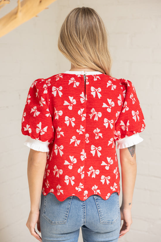 BOW PRINT VELVET TOP