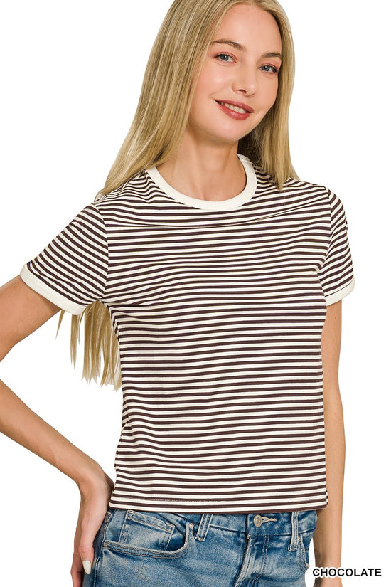 Brown contrast-trim striped short-sleeve top