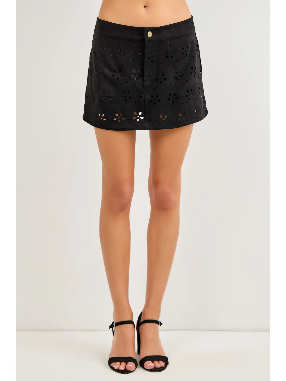 Black laser-cut floral suede-look skort, front view