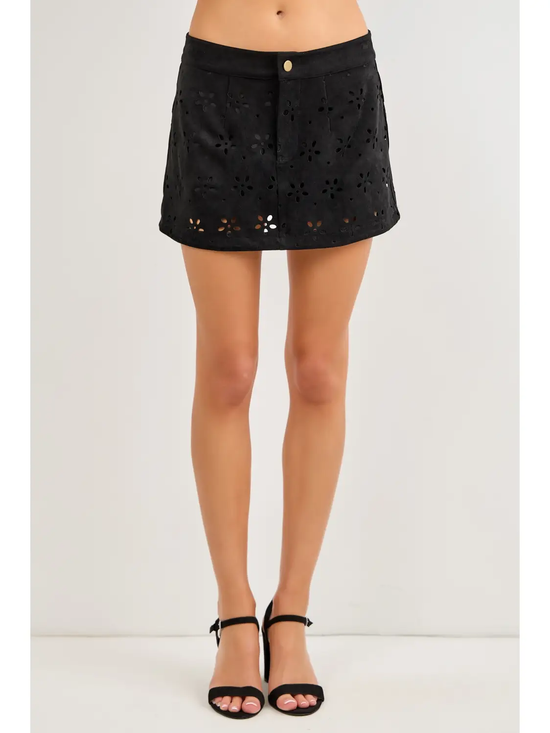Black laser-cut floral suede-look skort, front view