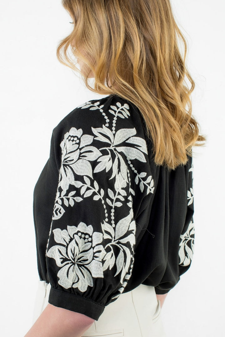 FLORAL EMBROIDERED SLEEVE AND NECKLINE TOP