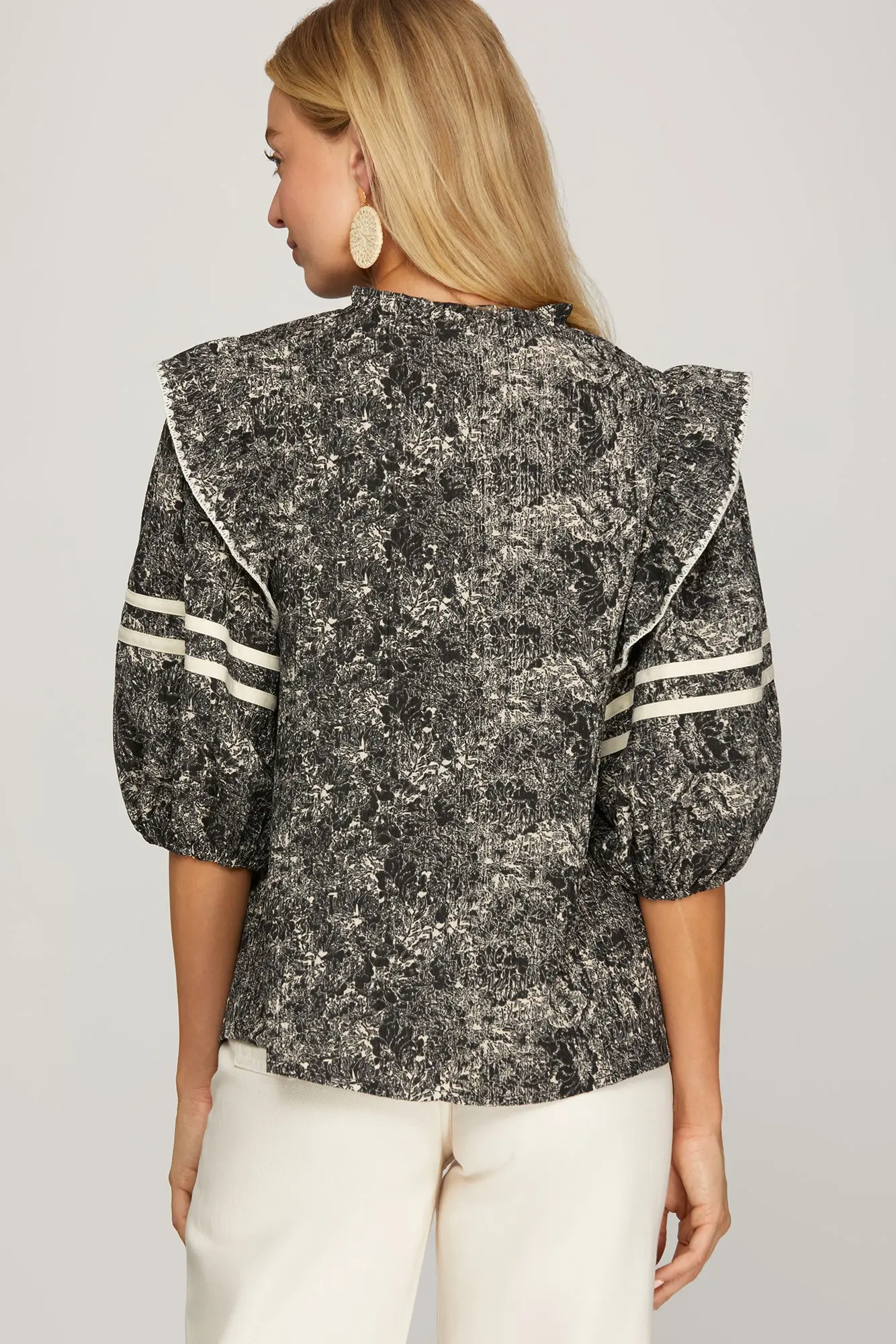 SHE & SKY Blanket Stitch Detail Top in black floral - view 3