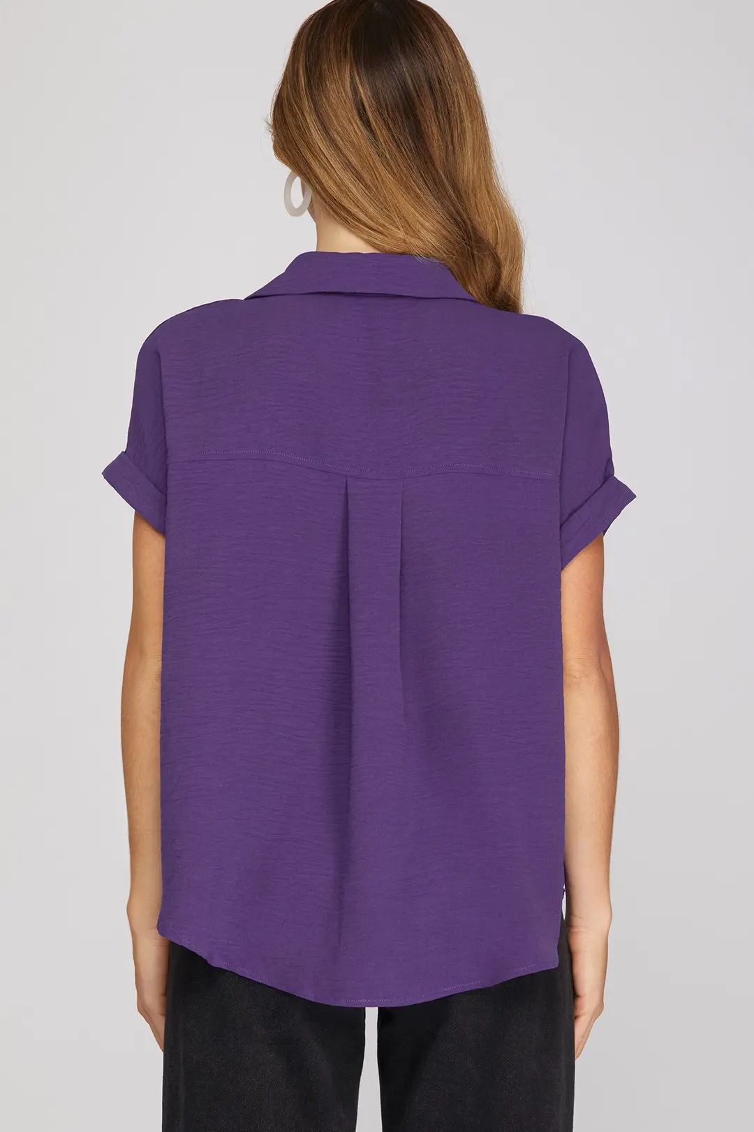 Purple drop-shoulder collared top, back view