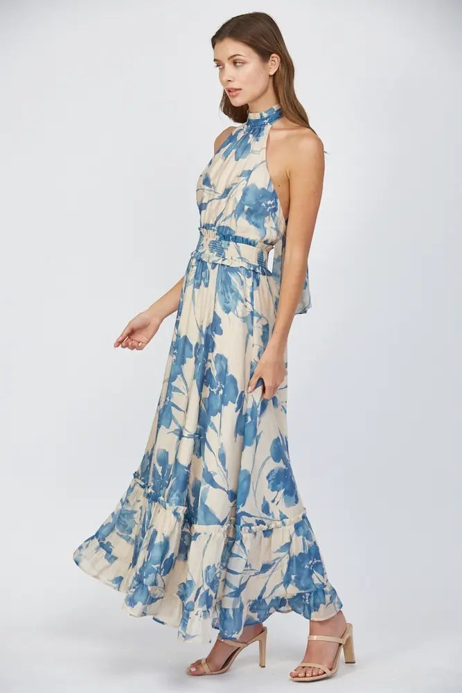 BOLD FLORAL PRINT HALTER MAXI DRESS