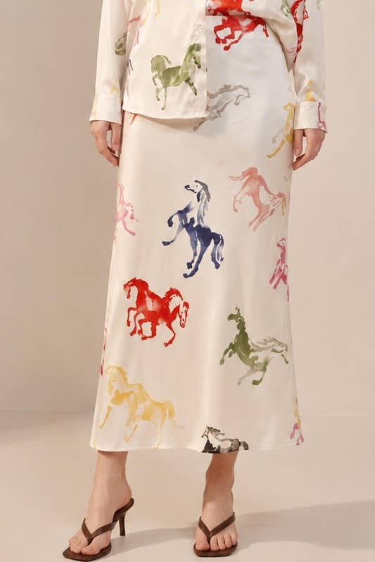 Cream multicolor horse-print midi skirt - front view