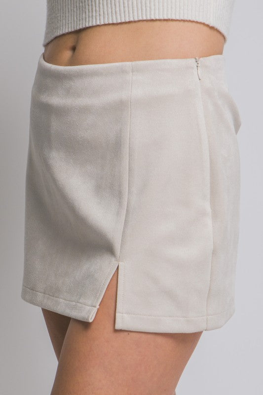 Ivory suede mini skirt front slit detail