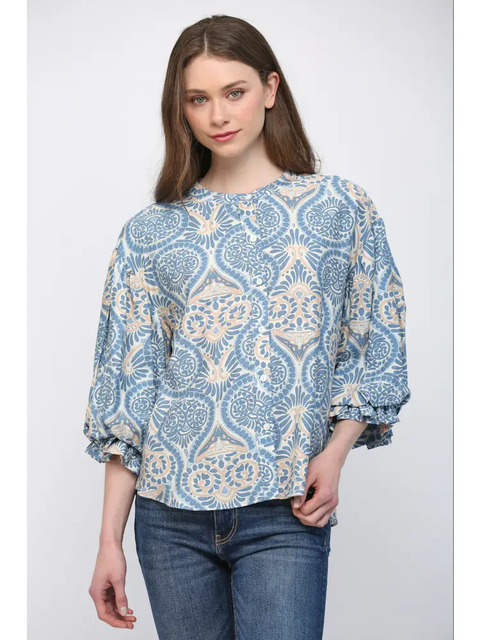 Damask-Print Balloon-Sleeve Top