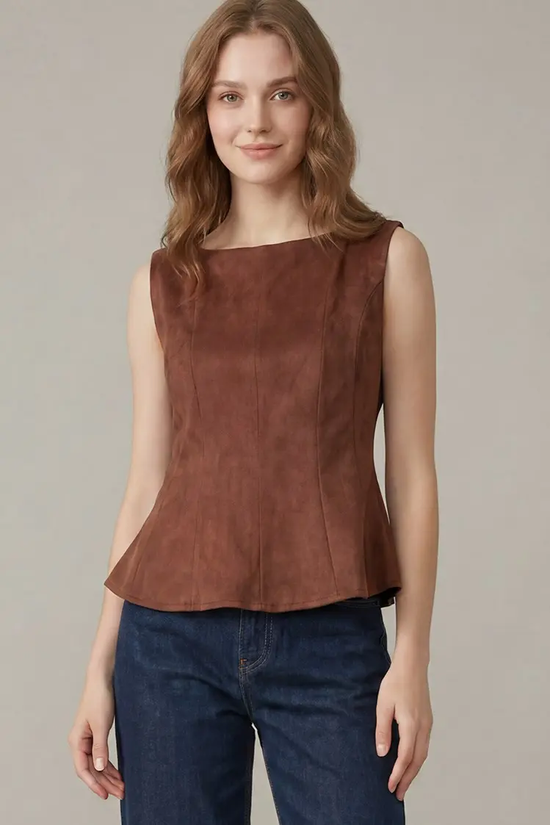 Brown Faux-Suede Sleeveless Peplum Top - alternate view