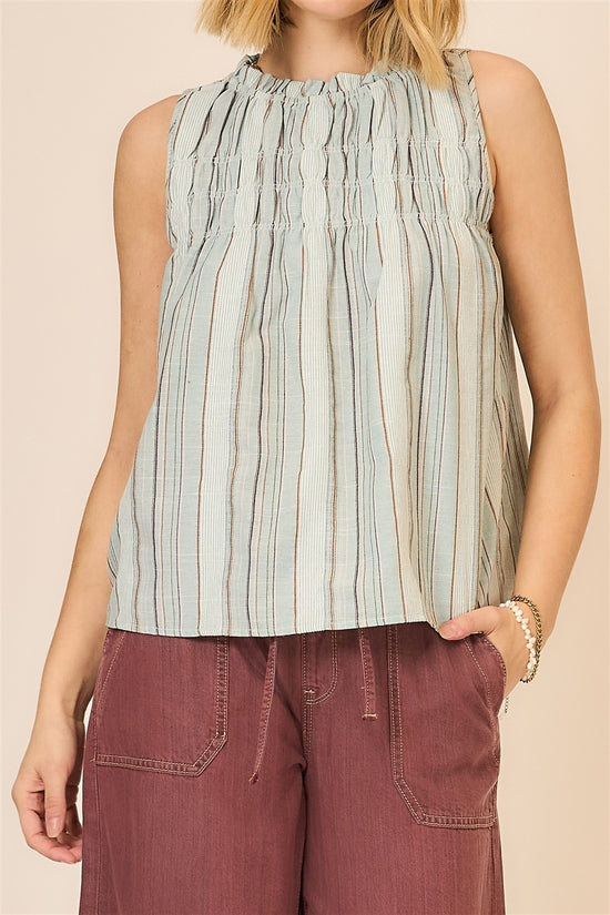 STRIPE SMOCKED SLEEVELESS TOP