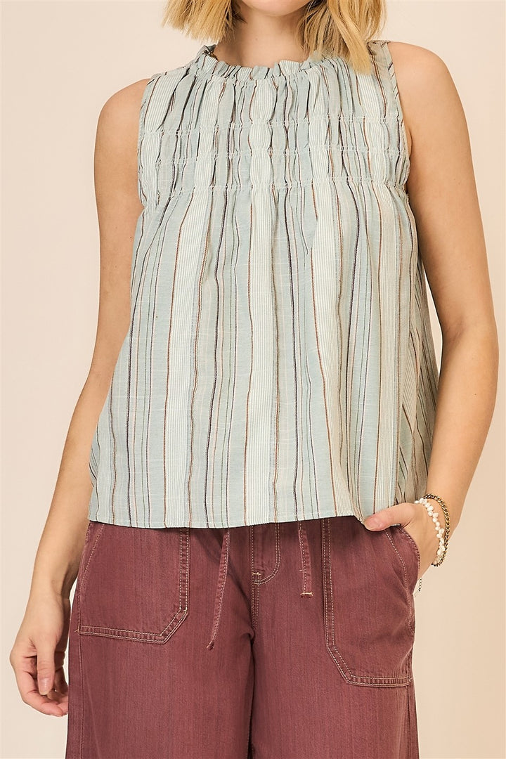 STRIPE SMOCKED SLEEVELESS TOP