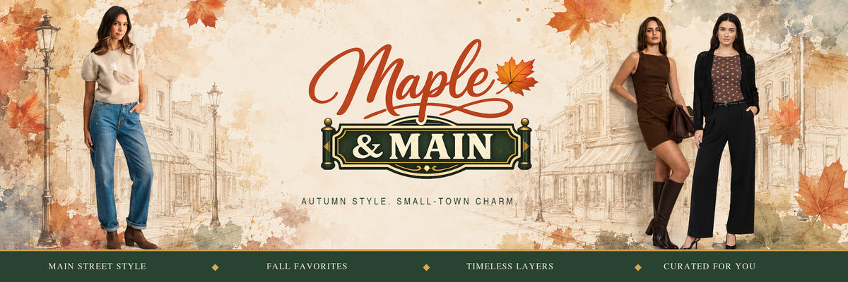 A promotional banner for Maple & Main featuring three female models in autumn-themed streetwear, set against a warm vintage-style cityscape background with fall leaves and the text 'Maple & Main'.