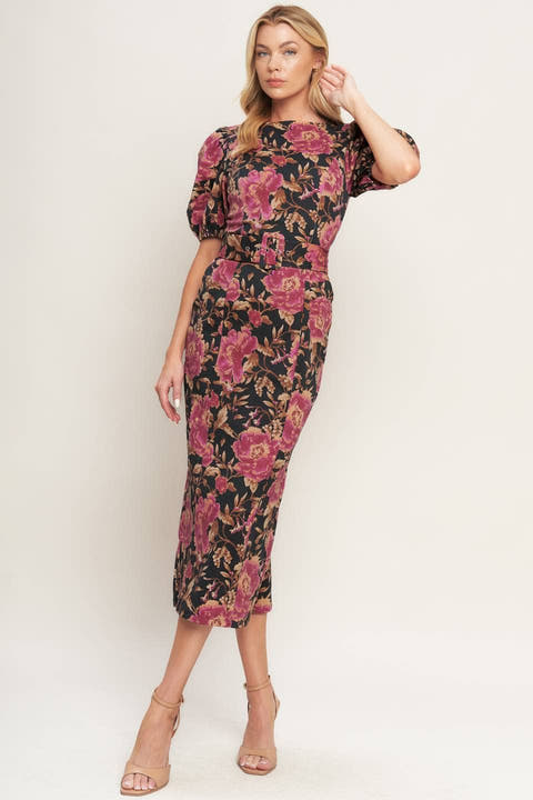 Floral Puff-Sleeve Pencil Midi Dress