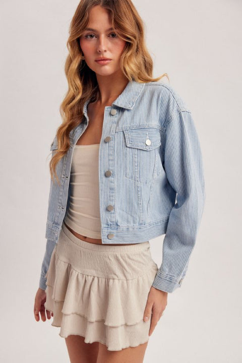 Loose Fit Striped Crop Denim Jacket