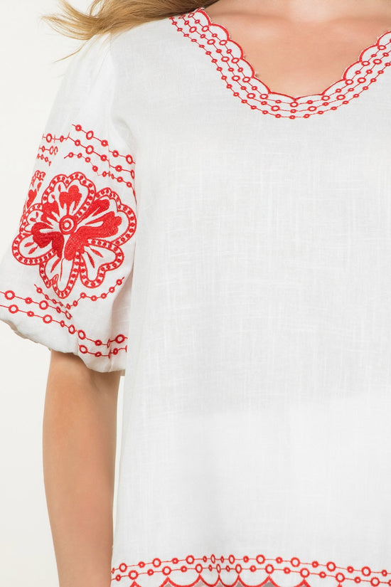 RED AND CREAM EMBROIDERED PUFF SLEEVE TOP