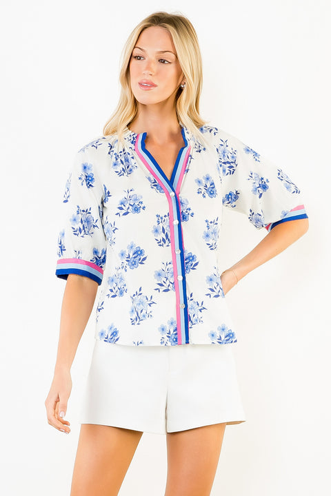 Floral Button-Up Top with Striped Trim
