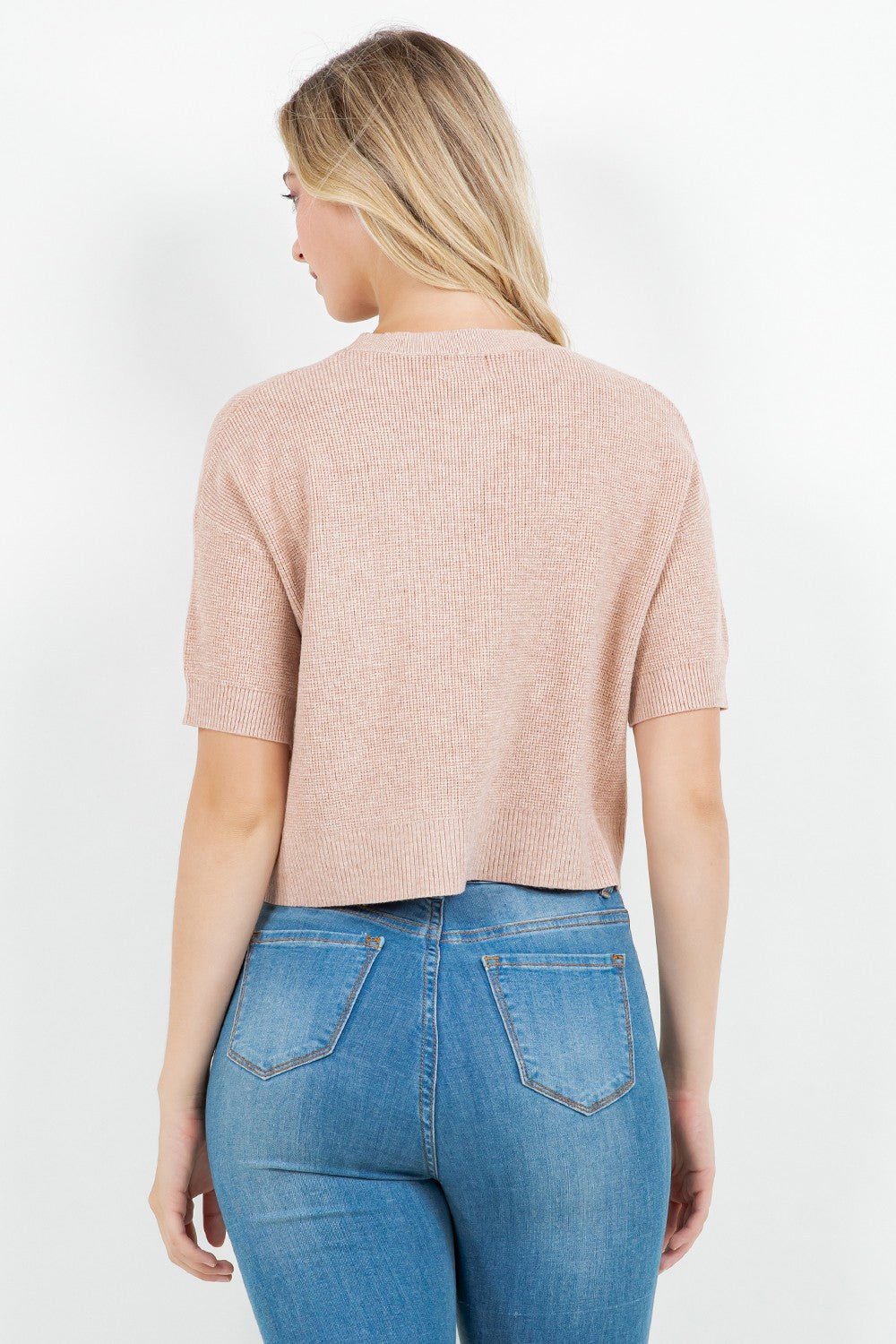 WAFFLE KNIT SHORT SLEEVE SWEATER