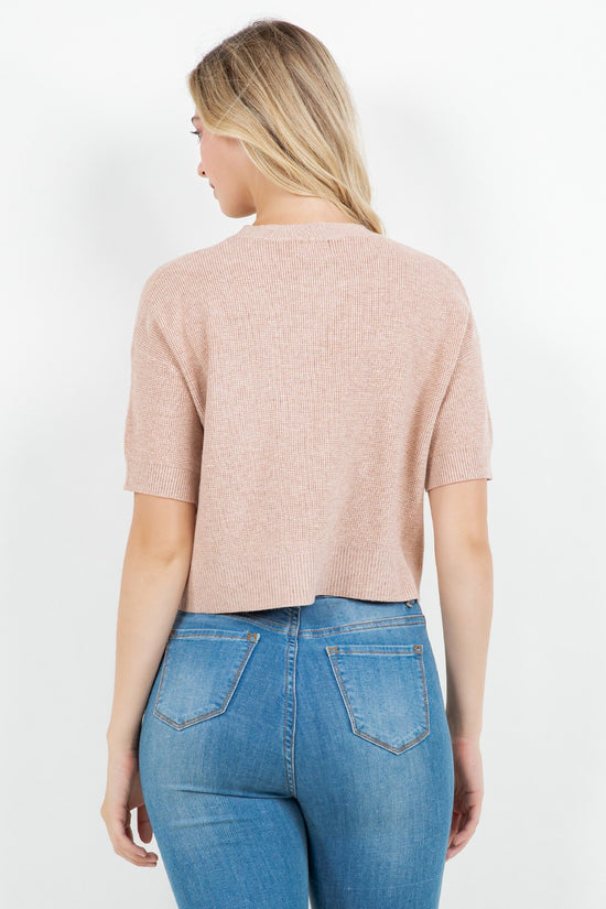 WAFFLE KNIT SHORT SLEEVE SWEATER