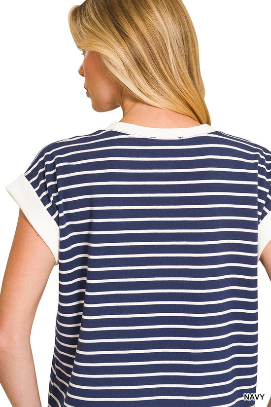 Blue and ivory rolled-sleeve striped top alternate view