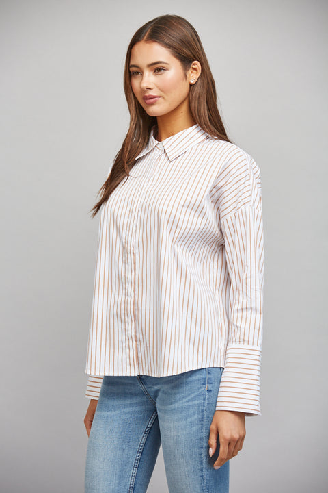 Tan-and-white striped button-down shirt, front view