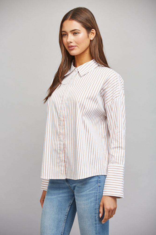 Tan-and-white striped button-down shirt, front view