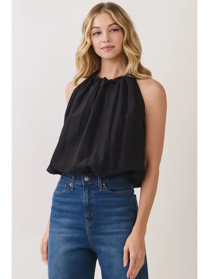Black halter top with gathered neckline