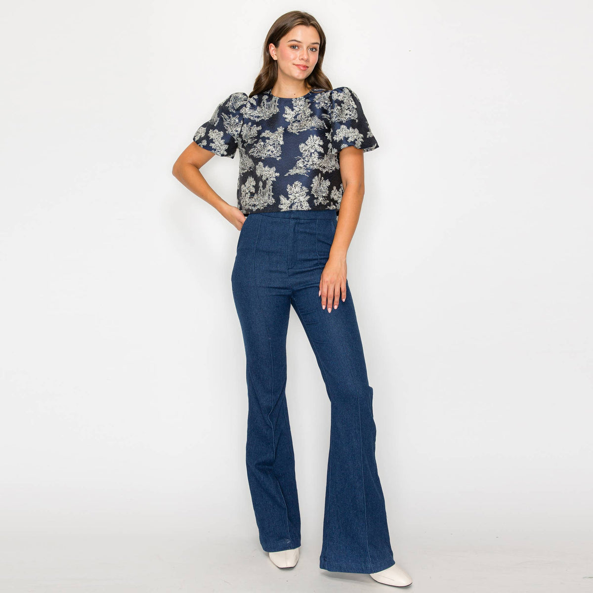Toile Jacquard Puff-Sleeve Top