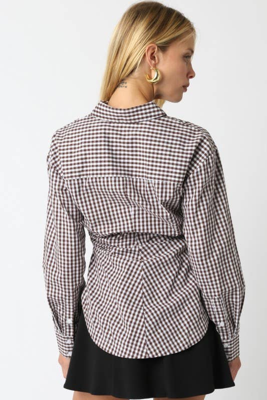 Gingham Ruched Button-Front Top