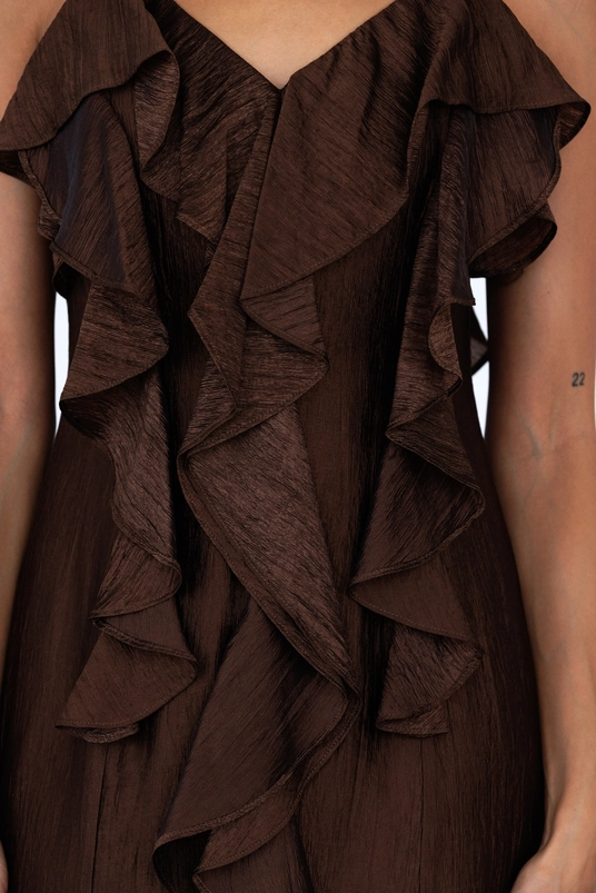 Brown ruffle-textured maxi dress, back view
