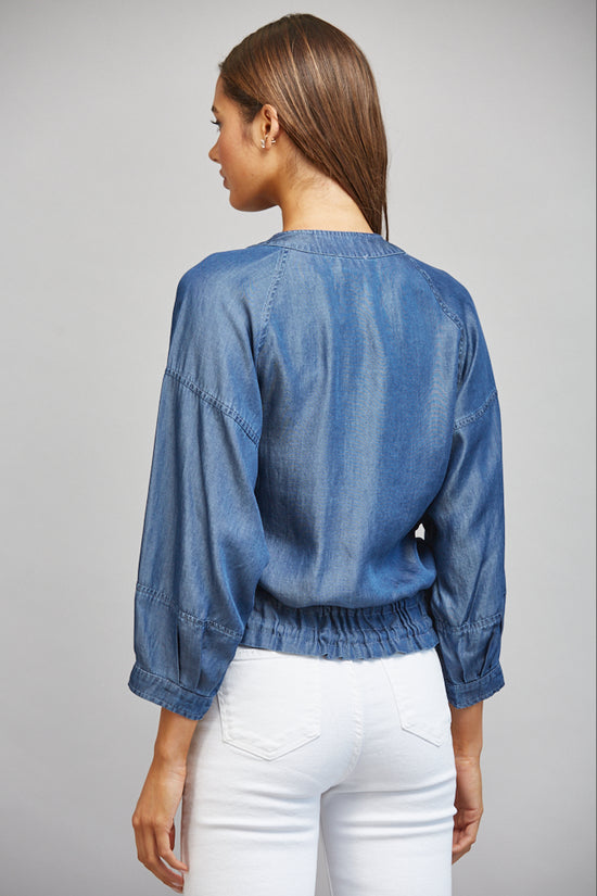 Adjustable-hem jacket, side styling view