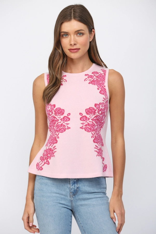 FLORAL JACQUARD PEPLUM KNIT TOP