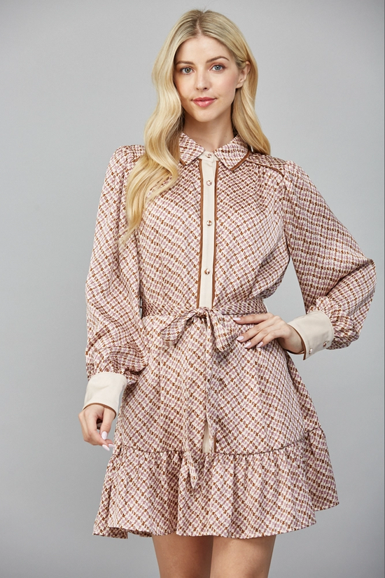 GEOMETRIC PRINT SATIN TIE WAIST SHIRT DRESS