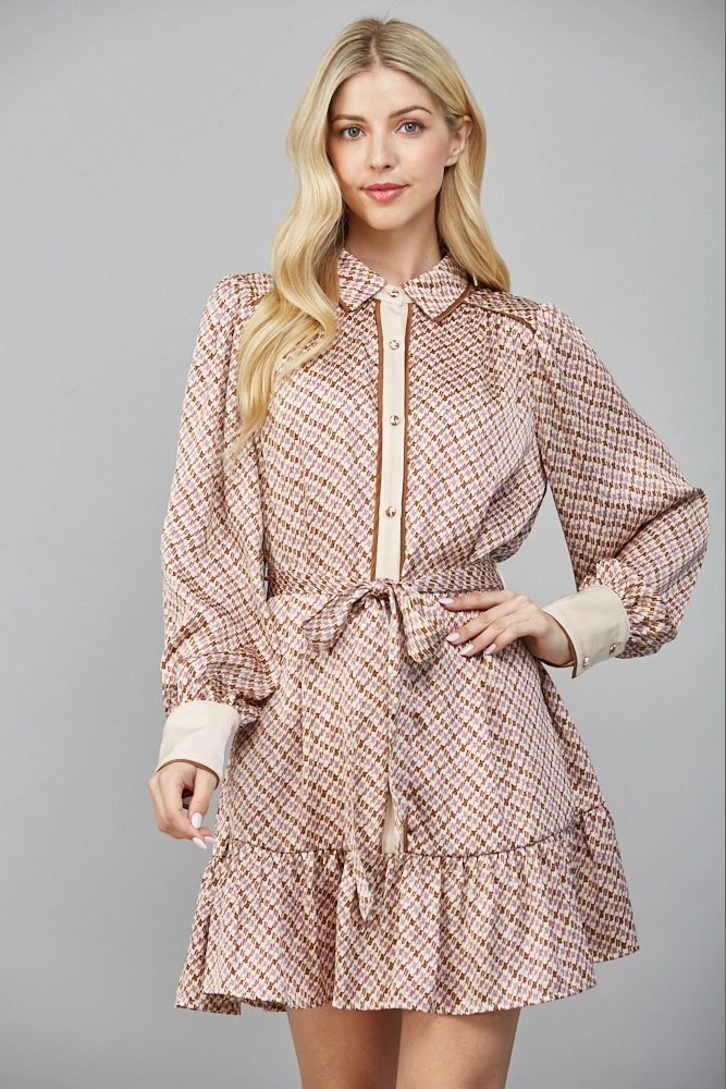 GEOMETRIC PRINT SATIN TIE WAIST SHIRT DRESS