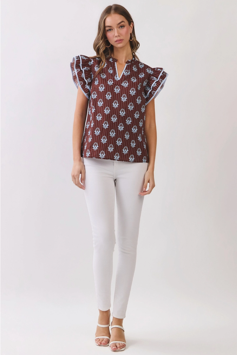 Brown floral flutter-sleeve top, back view
