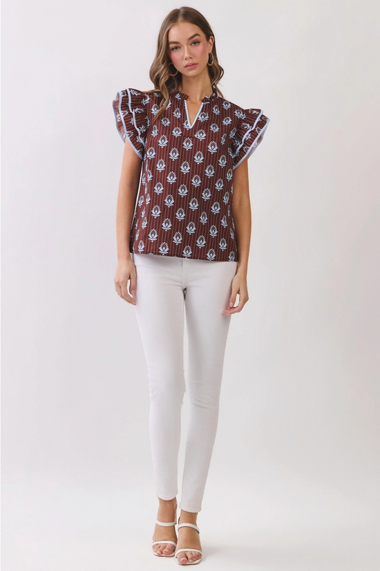 Brown floral flutter-sleeve top, back view