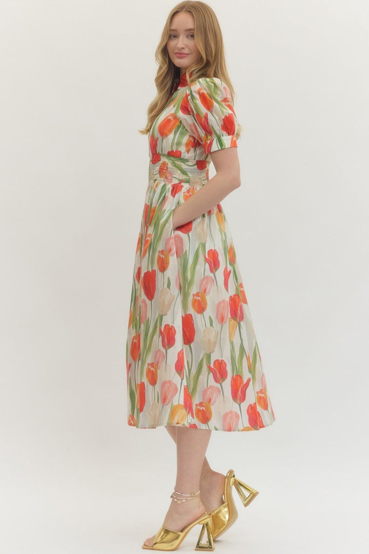 FLORAL PUFF SLEEVE ZIP MIDI DRESS