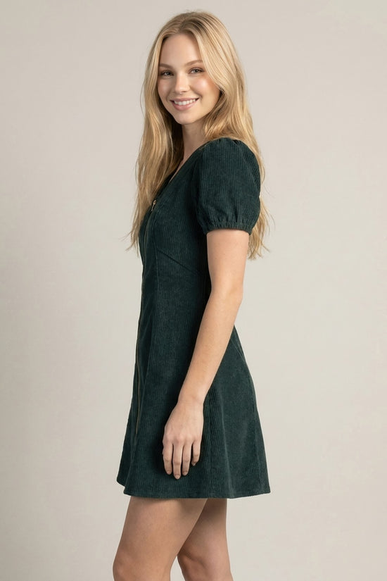 Corduroy Zip-Front Mini Dress in forest green - view 2
