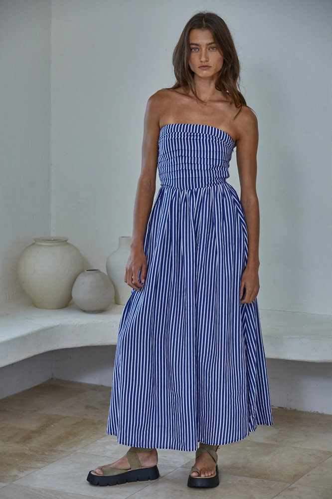STRIPED STRAPLESS MAXI DRESS