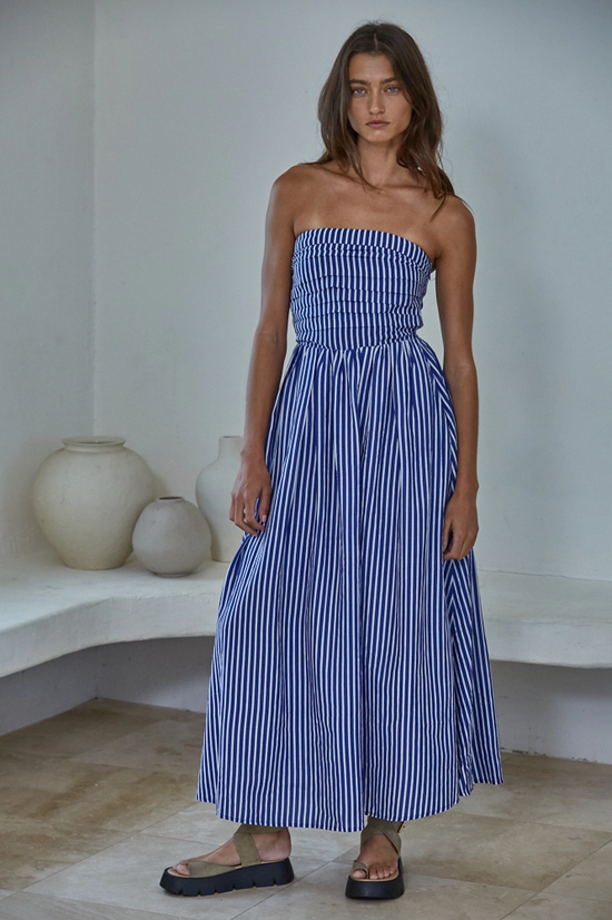 STRIPED STRAPLESS MAXI DRESS