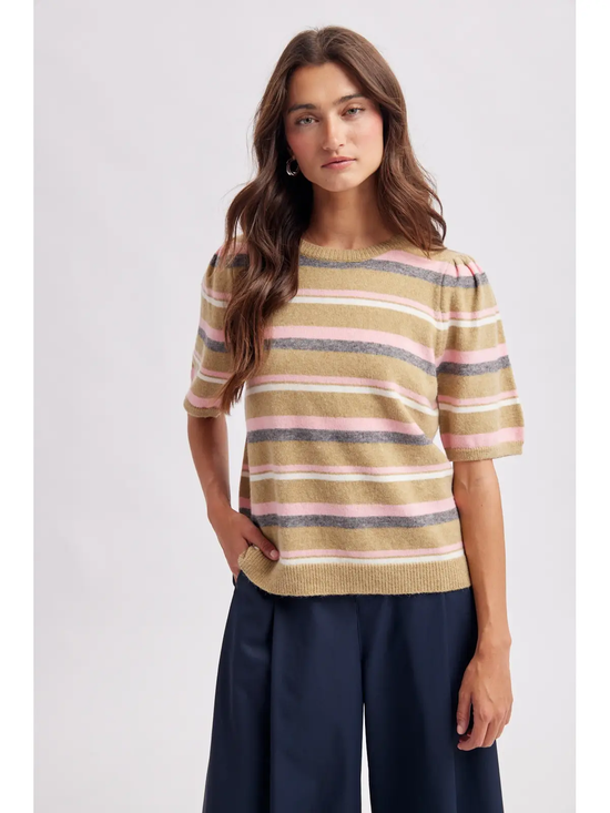 Green multi-stripe puff-sleeve knit top, front view
