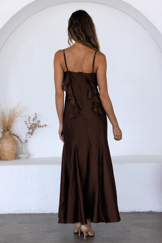 Brown ruffle-textured maxi dress, side view