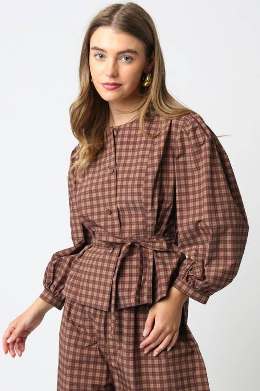 Gingham Puff-Sleeve Peplum Top