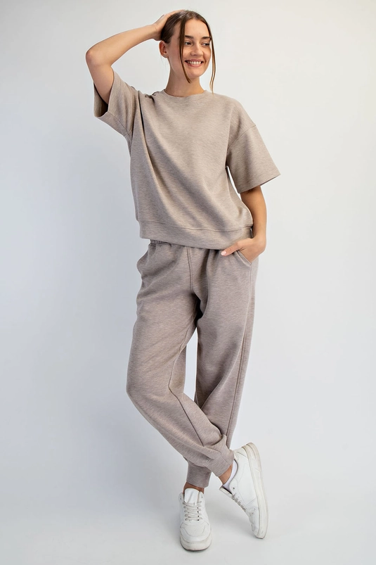 Weekend crewneck top styled with coordinating taupe pants