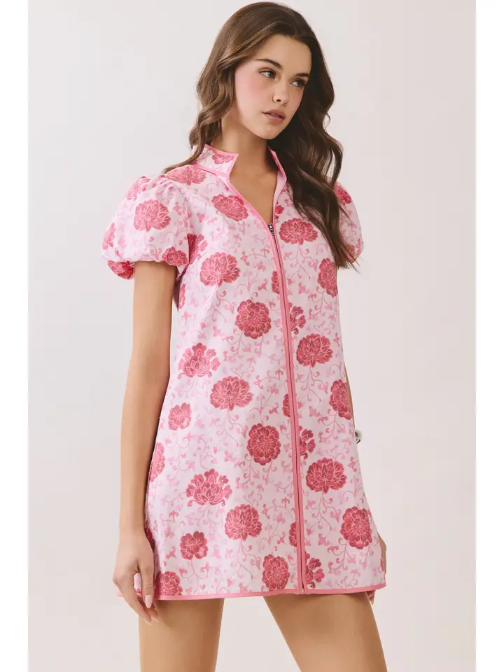 FLORAL PUFF SLEEVE ZIP UP DRESS