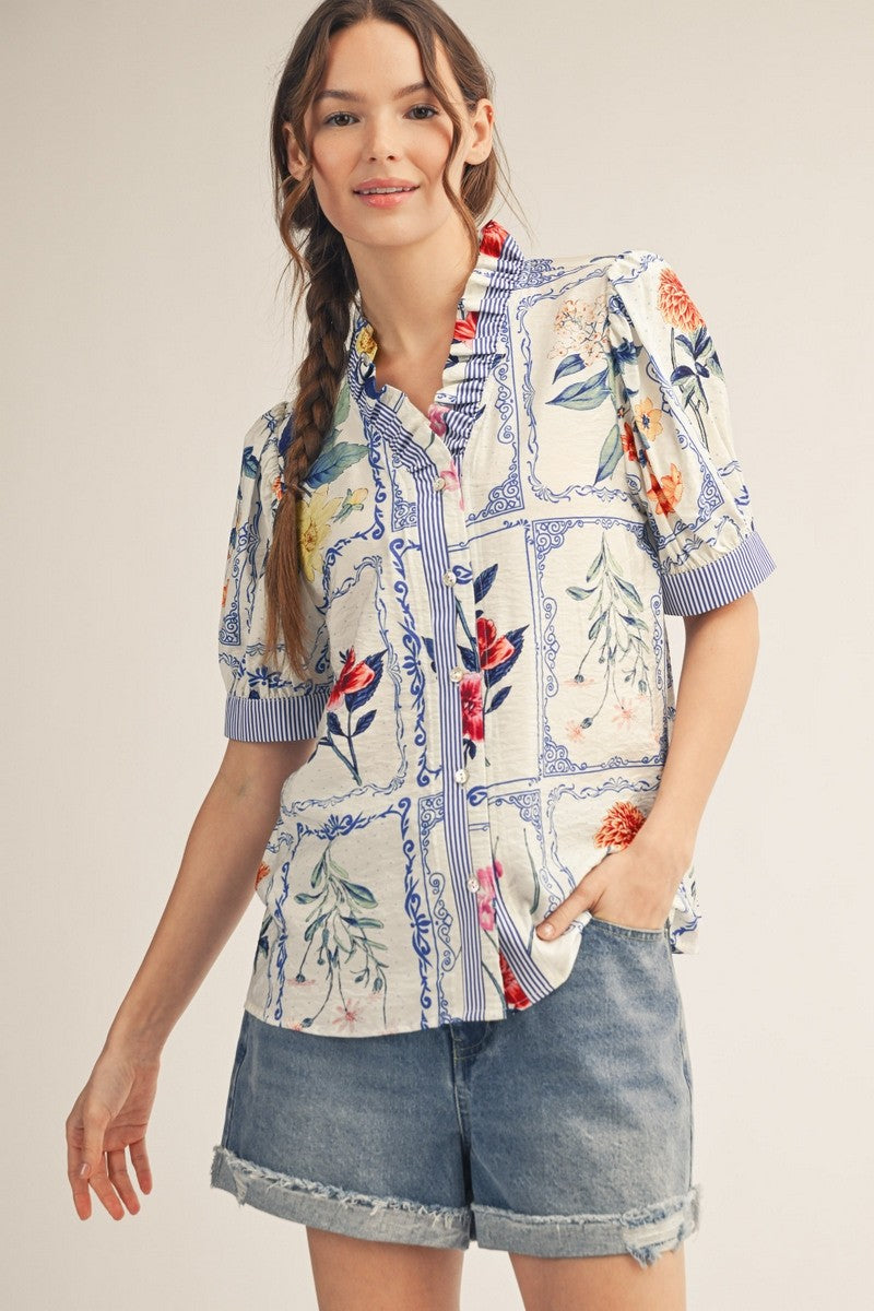 RUFFLE NECK FLORAL BUTTON DOWN TOP