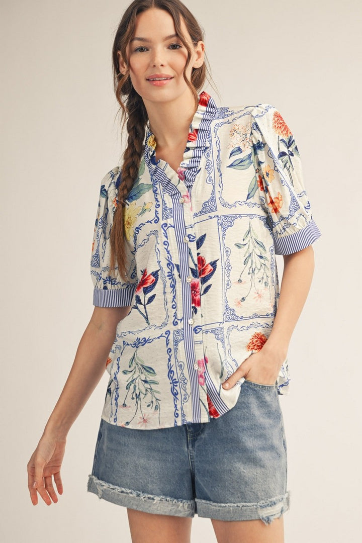 RUFFLE NECK FLORAL BUTTON DOWN TOP
