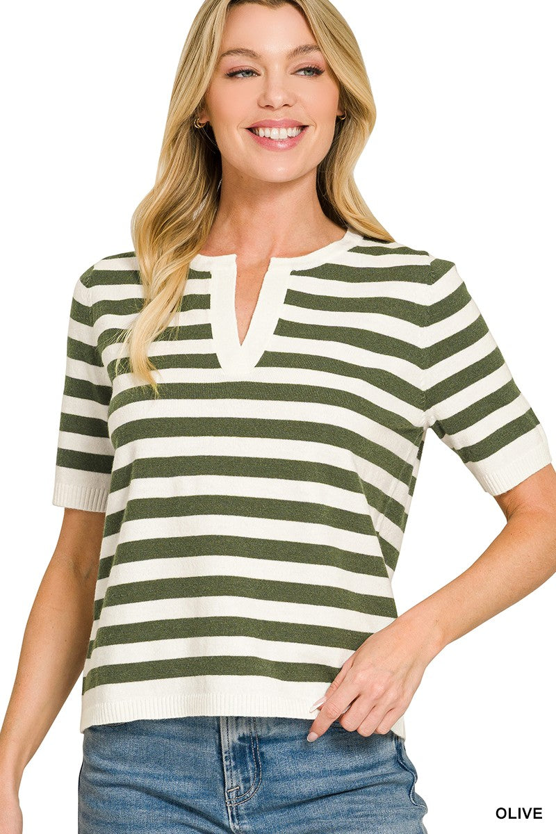Green split-neck striped short-sleeve sweater