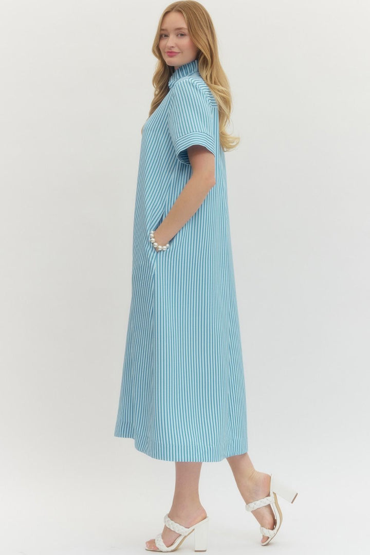 STRIPED COLLARED MAXI DRESS