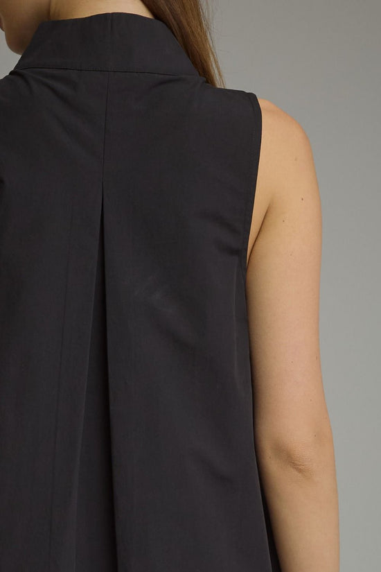 Black sleeveless split-neck mini dress with a stand collar and relaxed shift silhouette
